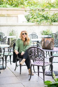 Olive Blouse featured by top US fashion blog Coffee Beans and Bobby Pins; Image of a woman wearing Anthropologie blouse, Nordstrom blazer, Madewell jeans, Vince Camuto booties, Louis Vuitton bag and Madewell earrings. Blouse Nordstrom, Blogger Style, Madewell Jeans