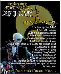 Nightmare Before Christmas Drinking game Funny Drinking Games, Halloween Drinking Games, Christmas Drinking Games, Movie Drinking Games, Drinking Games For Parties, Fun Drinking Games, Christmas Drinking, Drinking Game, Night Before Christmas