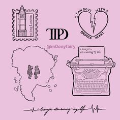 some typewriters and stamps on a pink background with the words, i love you