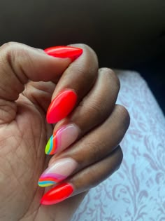 Cute Oval Nails Design Summer, Bright Summer Short Nails, Bright Oval Nails, Neon Orange Chrome Nails, Dope Nail Designs Classy Short Acrylic, Bright Summer Nails Almond, Almond Shaped Summer Nails, Summer Almond Nails 2024, Summer Nails 2024 Trends Almond Simple