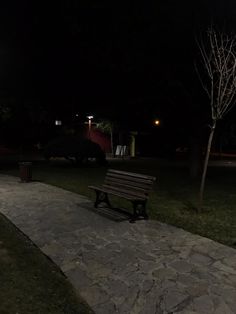 a wooden bench sitting on top of a stone walkway next to a park at night