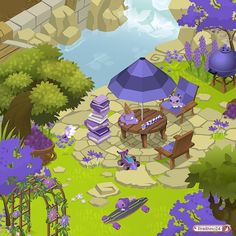 an animated garden with purple flowers and blue umbrellas