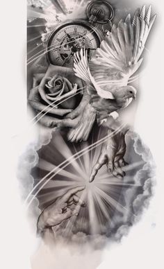 an artistic tattoo design with doves, roses and clock on it's side