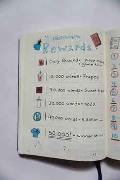 an open notebook with words and numbers on it