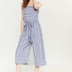 Nwt - Size Xs Lightweight Linen-Blend Jumpsuit Chic Crop + Flattering Wide Leg Fit Squareneck Side Zip Closure Approx 13.5” Rise, 28” Leg Opening, 24” Inseam, 51” From Shoulder To Hem European Vacation, Summer, Beachy, Boat, Summer Soire Boat Summer, Belted Jumpsuit, Belt Jumpsuit, Jumpsuit Chic, Summer Soiree, European Vacation, Striped Linen, Linen Blend, Side Zip