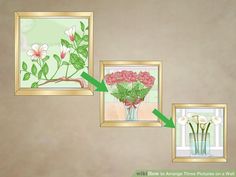 three framed pictures with flowers in them hanging on the wall next to each other,