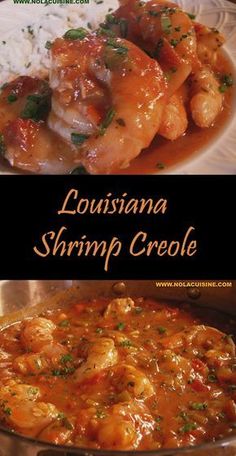 the cover of louisiana shrimp crepe is shown in two different pictures, one with shrimp and rice