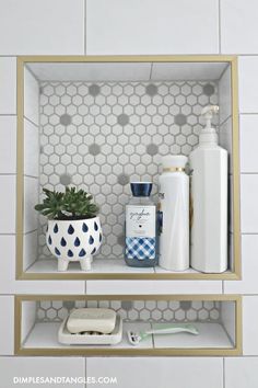 bathroom shelves with soap, toothbrushes and other items