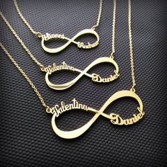 "Our Cutoff Date for Christmas delivery is Sunday Dec. 13, 2020 All Order placed after this date will be completed for mid January delivery. Two name infinity necklace Available in 3 different sizes, Handmade name necklace of solid 14k Yellow gold. The necklace suspends from a cable Link chain with 3 choices of length: 14\",16\", 18\" and 20\". The necklace can be made with the name of your choice up to 8 letters. A Great gift for Christmas Valentines, Birthday, Anniversary or any other occasion Customizable Infinity Name Necklace For Anniversary, Infinity Shape Custom Name Necklace For Anniversary, Infinity Name Necklace For Anniversary Gift, Custom Name Infinity Necklace For Anniversary Gift, Customized Infinity Name Necklace For Anniversary, Custom Name Infinity Necklace For Anniversary, Customized Infinity Name Necklace, Infinity Name Necklace For Anniversary, Infinity Engraved Name Necklace As Gift