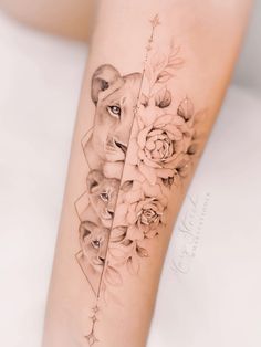 a woman's leg with flowers on it and an image of a dog in the middle