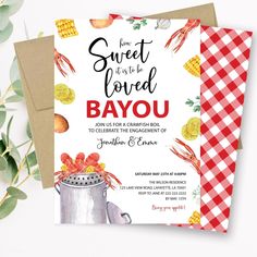 a card with the words sweet as to be loved bayou on it and an orange gingham checkered table cloth