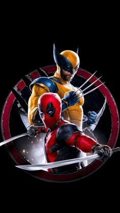 two deadpools standing in front of a black background with red and yellow colors