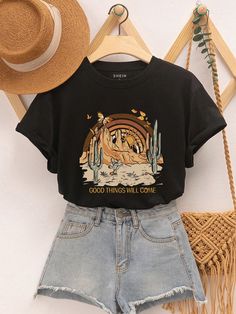 Black Casual Collar Short Sleeve Fabric Animal,Halloween,Slogan  Embellished Slight Stretch All Women Clothing Adrette Outfits, Looks Country, Cute Dress Outfits, Cute Everyday Outfits, Women T Shirts, Really Cute Outfits, Look Casual, Preppy Outfits, Outfits Casuales