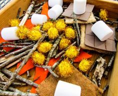 some yellow flowers and sticks in a wooden box with ice cubes on the floor