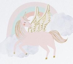 an illustration of a pink unicorn with wings on it's back and a rainbow in the background