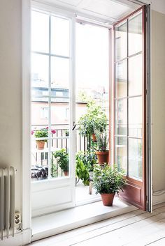 an open window with potted plants on the windowsill and a radiator