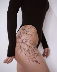 Lily Hip Tattoo, Fine Line Thigh Tattoos Women, Female Hip Tattoos, Mandala Hip Tattoo, Back Of Leg Tattoos, Side Hip Tattoos, Best Leg Tattoos, Hip Thigh Tattoos