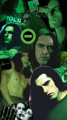 collage of green images with black and white pictures on them, including men's faces