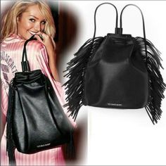 New Black Fringe Bag Faux Leather Black Tote Backpack For Shopping, Black Bucket Bag Backpack For Shopping, Black Backpack With Adjustable Strap For Shopping, Black Shopping Bucket Backpack Bag, Trendy Black Backpack For Errands, Chic Black Crossbody Backpack, Trendy Victoria's Secret Shoulder Bag With Removable Pouch, Black Backpack With Removable Pouch For Shopping, Trendy Large Capacity Shoulder Bag From Victoria's Secret