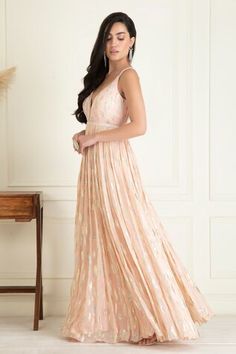 Pastel peach sleeveless anarkali with sequin, bead embroidery in geometric pattern. Paired with pant and cutwork border embroidered dupatta. - Aza Fashions Sleeveless Anarkali, Women Kurta, Embroidered Dupatta, Set Women, Bead Embroidery, Cut Work, Anarkali, Aza Fashion, Beaded Embroidery