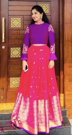 Crop Top Pattu Lehenga, Long Frocks For Kids, Long Frocks For Girls, Pink Skirt Outfits, Cotton Saree Blouse Designs, Designer Anarkali Dresses, Designer Kurti Patterns