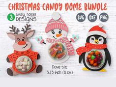 the christmas candy dome bundle includes three penguins and two snowmen, one penguin is holding a bowl of candies