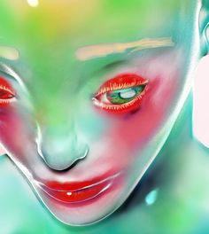 an alien with red eyes and green skin is shown in this digital painting style photo