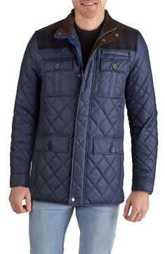 A quilted body and rustic flannel yoke add rugged appeal to a versatile jacket with utilitarian appeal. 29 1/2" length Front zip closure with snap storm placket Chest zip and button-flap pockets; front button-flap pockets Lined 100% polyester Dry clean Imported Men's Clothing Quilted Jacket Men, Versatile Jacket, Mens Outerwear, Wool Plaid, Quilted Jacket, Jacket Style, Cole Haan, Medium Blue, Outerwear Jackets