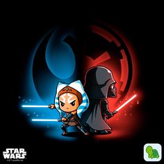 two cartoon characters in the dark background with lights on and one is holding a light saber