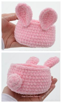 a crocheted bunny hat with ears is shown in two different views, and the other