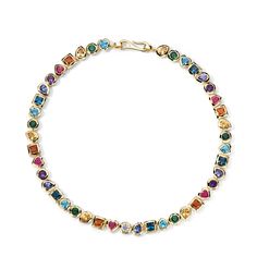 Designed to rest on the collarbone, this necklace is made from 18K gold bezels, boasting various iconic shapes, including hearts, studs, squares and teardrops. The rainbow effect is owed to the stone mix: diamond (.68ctw), tanzanite, dark amethyst, rubellite, pink tourmaline, orange citrine, yellow beryl, tsavorite, Swiss blue topaz and London blue topaz, all hand-picked for their unique color and shine. 18K Gold Gemstones: Diamond, Tanzanite, Dark Amethyst, Rubellite Pink Tourmaline, Orange Cit