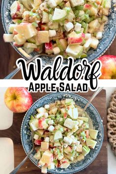 two pictures with apples and salad in them