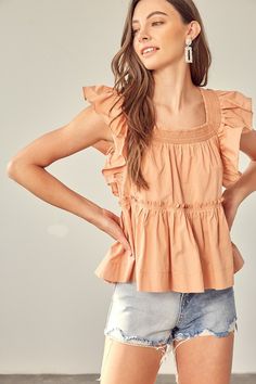 Lovely Apricot Top - Ruffled Sleeve Top - Flowy Top | Boho Pink Casual Ruffled Top With Square Neck, Cotton Top With Square Neck And Smocked Back, Cotton Square Neck Top With Smocked Back, Cotton Smocked Top With Ruffles And Square Neck, Square Neck Smocked Cotton Top, Cotton Smocked Top With Square Neck For Day Out, Square Neck Cotton Smocked Top For Day Out, Summer Smocked Top With Ruffles And Square Neck, Chic Cotton Smocked Top With Square Neck