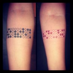 two different tattoos on the legs of people with dots and circles painted on their arm