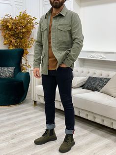 Limoux Slim Fit Khaki Denim Jacket-baagr.myshopify.com-Jacket-BOJONI Sobrecamisa Hombre Outfit, Men’s Fall Style, Therapist Fits, Casual Outfits Men Fall, Jean Jacket Outfits Men, Worship Outfits, Interchangeable Wardrobe, Milan Fashion Week Men, Mens Smart Casual Outfits