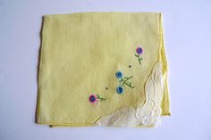 FLORETTES . yellow embroidered handkerchief Floral Embroidered Handkerchiefs For Spring Wedding, Spring Wedding Handkerchiefs With Floral Embroidery, Vintage Embroidered Summer Handkerchiefs, Summer Cotton Embroidered Handkerchiefs, Summer Embroidered Cotton Handkerchiefs, Spring Cotton Handkerchiefs With Floral Embroidery, Vintage Cotton Handkerchiefs For Spring, White And Pink Flowers, Embroidered Handkerchief