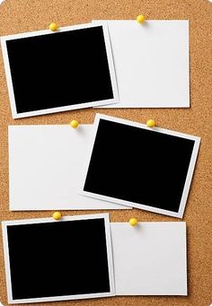 three polaroid frames pinned to a cork bulletin board with yellow push pins on them