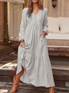 Olivia Mark - Cotton and Linen Vintage Casual Long-sleeved Dress with Multiple Colors and a Flared Hemline Sukienki Maksi, Vacation Maxi Dress, Cotton Long Dress, Long Sleeve Casual Dress, Langer Rock, Women Maxi, Long Sleeve Maxi, Women Long Dresses, Types Of Skirts