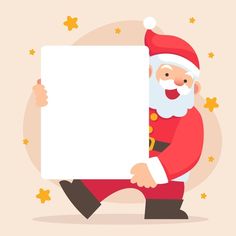 santa claus holding up a large white board with stars around him and smiling at the camera