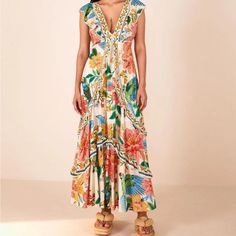 Rare! One Of A Kind, Bnwt Farm Rio Floral Macaw Flower Maxi Dress. Not Available Online. Imported From Brazil. Exquisite Farm Rio Maxi Dress Made From High Quality Fabric With Blue Macaws And Orange And Pink Flowers Embellished With Lustrous Green Leaves. This Beautifully Detailed Dress Is Perfect For A Summer Date, Your Next Tropical Vacation Or A Day At The Beach. Deep V Neck Design With Matching Deep V In Back. Hidden Back Zipper. Ruffle Sleeve Designs Gives A Playful Vibe With A Flowly A-Lin Tropical Multicolor Midi Dress With Floral Print, White Tropical Print Dress For Garden Party, White Dress With Tropical Print For Garden Party, White Midi Dress With Vibrant Print For Vacation, White Vibrant Print Dress For Garden Party, White Dress With Vibrant Print For Garden Party, Tropical Floral Print Maxi Dress With Short Sleeves, Tropical Floral Print Short Sleeve Maxi Dress, Tropical Maxi Length Dress With Floral Print