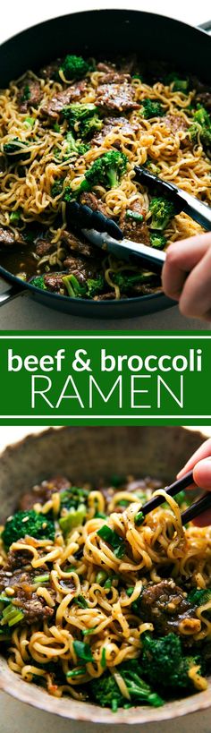 beef and broccoli ramen is being cooked in a skillet with tongs