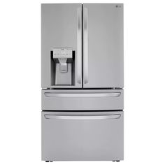 a stainless steel refrigerator freezer with water dispenser and ice maker on the door