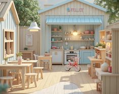 a toy bike is parked in the middle of a room with wooden tables and chairs