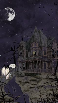 an image of a creepy house in the night sky with bats flying over it and full moon