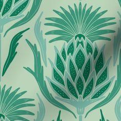 a green and white wallpaper with large flowers on it's back side,