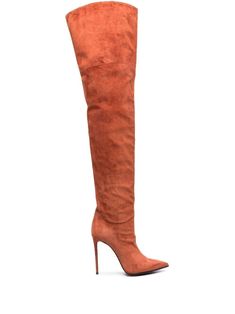 These Le Silla thigh-high boots feature a pointed toe and a stiletto heel. They are made from suede and have a pull-on style. Orange Thigh High Boots, Sock Boots Outfit, Velma Daphne, Suede Thigh High Boots, Thigh High Suede Boots, Heels Collection, High Leather Boots, Sock Boots, Heel Boots