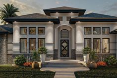 this is an artist's rendering of the front entrance to a house with palm trees