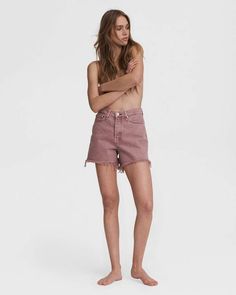 Meet the short you'll be wearing all summer long. Maya is the perfect high rise, super-short with a button fly and a cutoff hem that you can unroll for more modest look. Most flattering. Most fun. rag & bone Women's Relaxed Fit Light Plum Jean Short, 28 (also in 23,24,25,26,27,29,30,32)