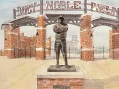 a watercolor painting of a baseball player statue in front of the muddy noble field