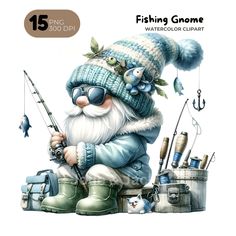 a painting of a gnome fishing with his hat and glasses on, while holding a fish